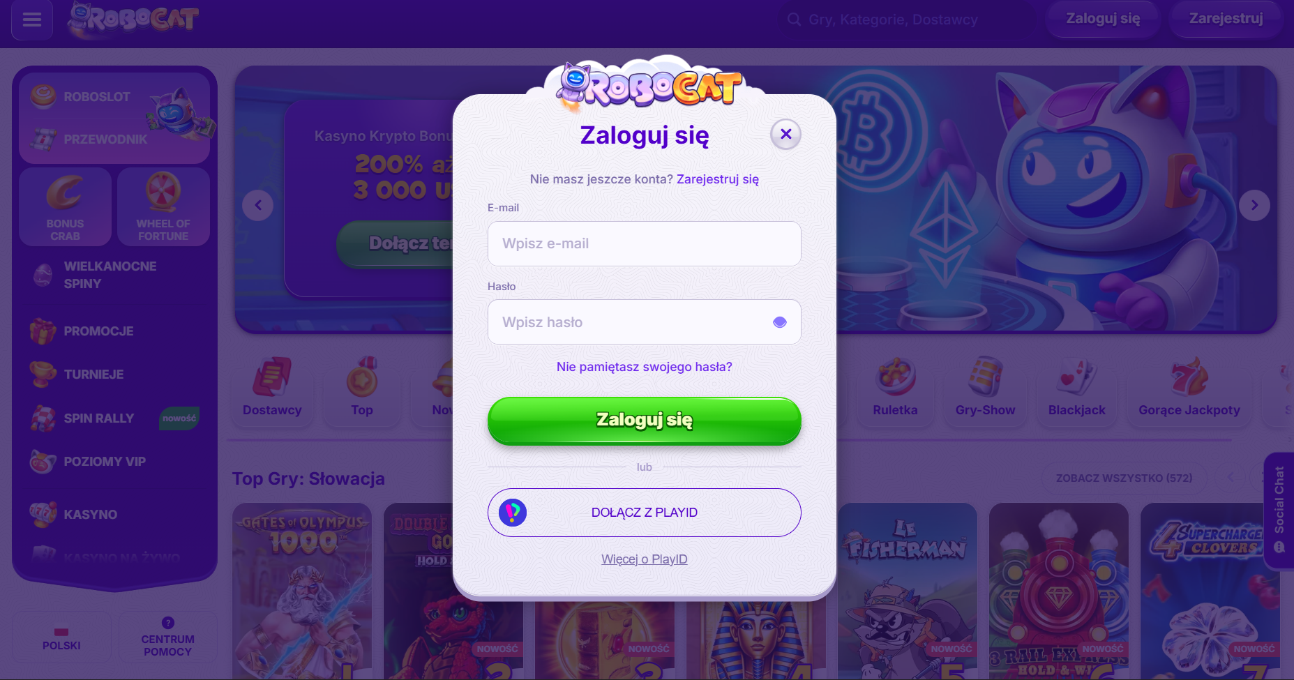 Polish-language login popup for RoboCat casino with email and password fields, a green “Zaloguj się” button, a PlayID sign-in option, and a blurred casino homepage background.