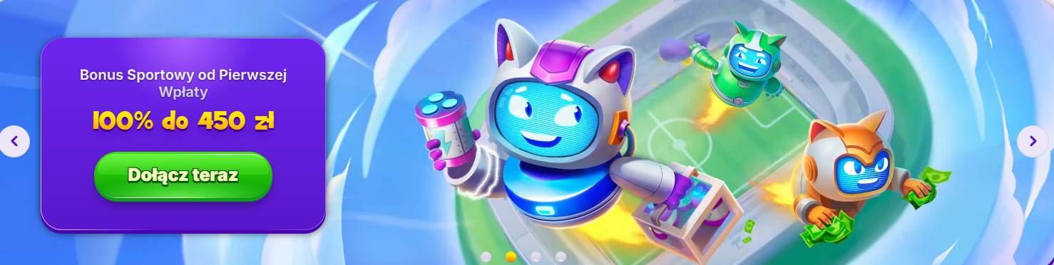 Polish casino banner featuring RoboCat characters flying over a stadium, with a purple promo box advertising a sports first deposit bonus of 100% up to 450 zł and a green “Dołącz teraz” (Join now) button.